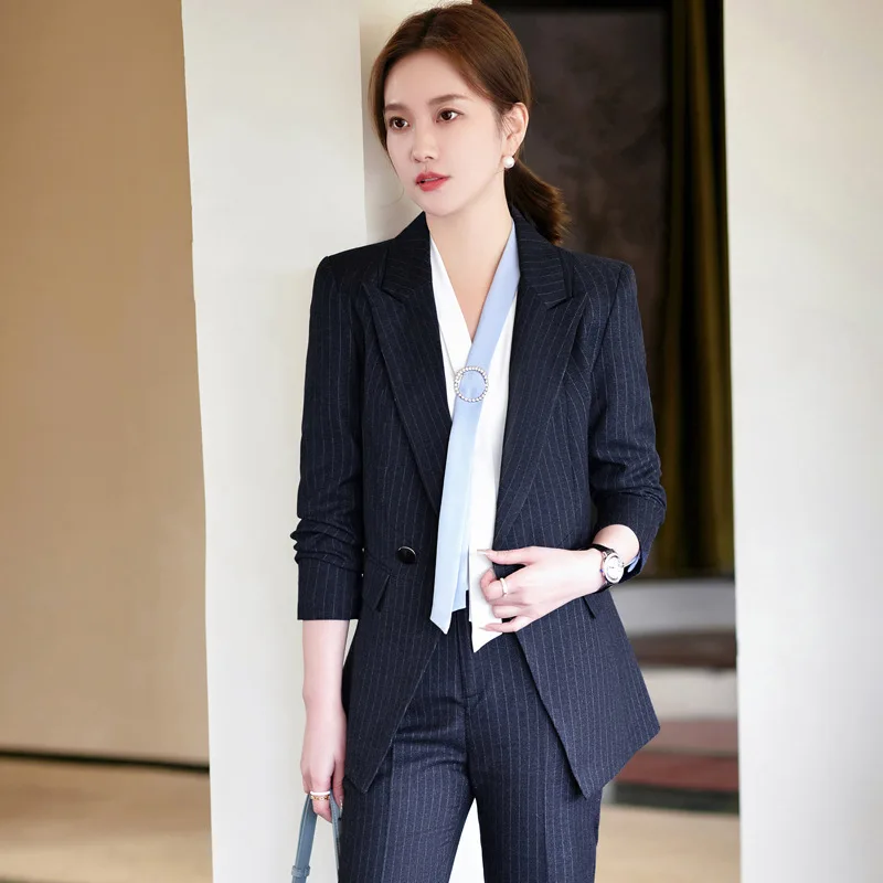 966 Set completo a righe blu Elegante abbigliamento professionale di fascia alta Hotel Cameriere femminile Uniforme da lavoro Abbigliamento formale da lavoro