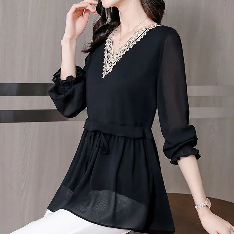 V-Neck Fashion Elegant Solid Color Chiffon Shirt Women\'s Clothing Pullovers Loose Casual Female Spliced Lace Up All-match Blouse