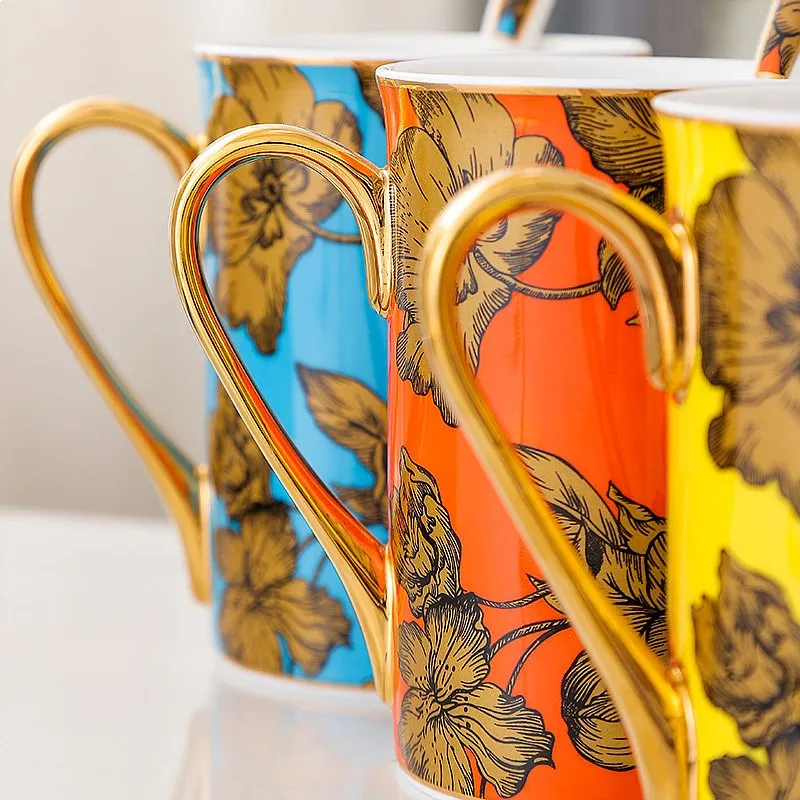 Floral Series Light Luxury Bone China Mug with Spoon Porcelain Water Cup for Home Office Drinkware Gift Set Box Coffee Cup