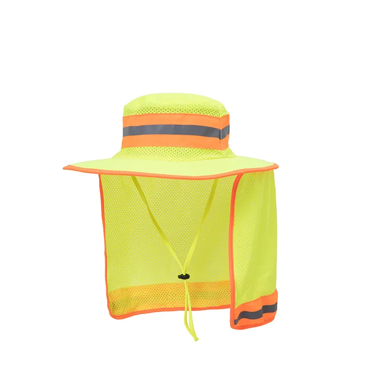 Summer Outdoor Reflective Bucket Hat with Shawl Men Work Wear Structured Safety Head Protection Cap Male Breathable Mesh Sun Hat