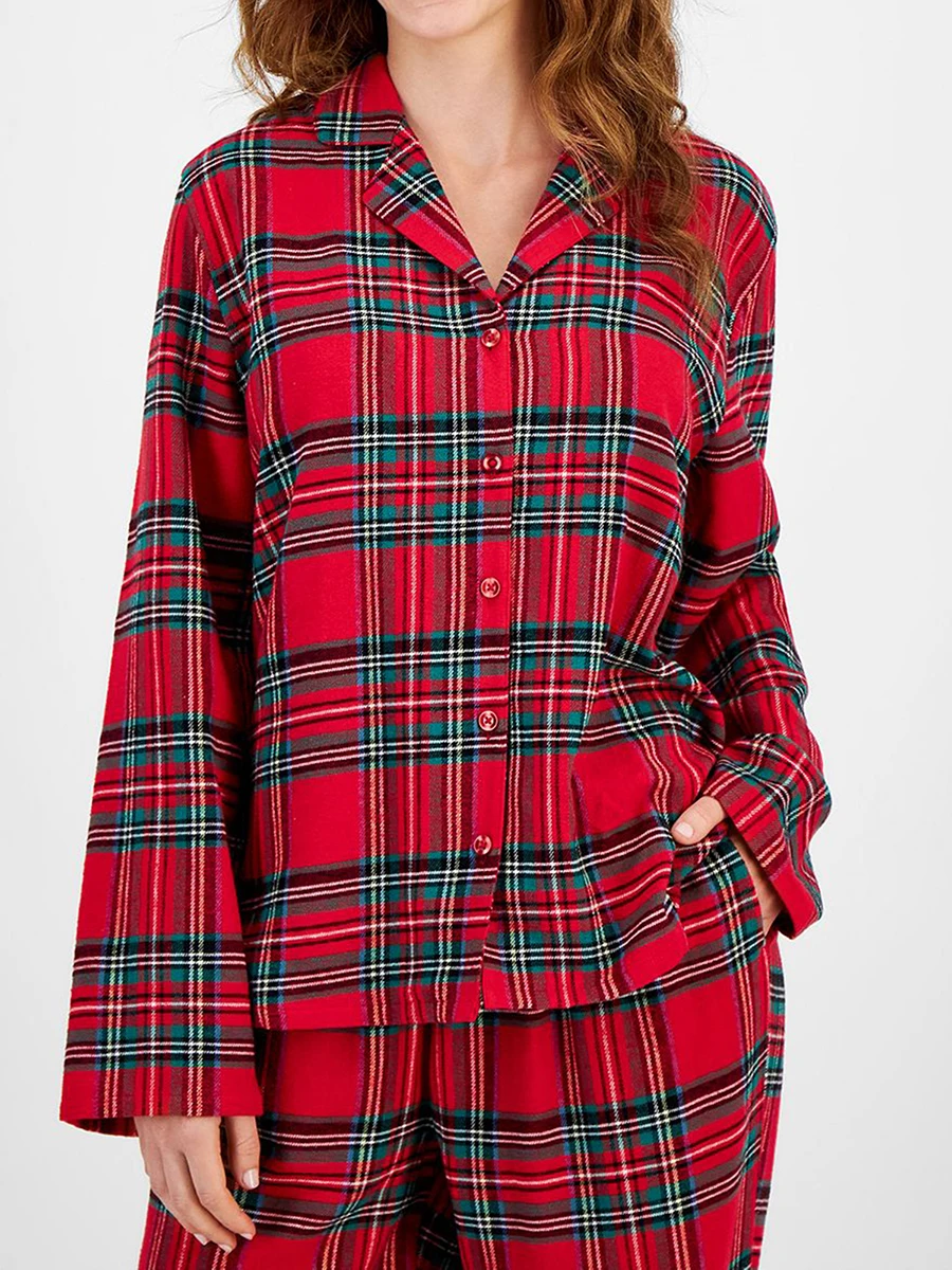 Women s Cozy Autumn Pajama Set with Classic Plaid Print Shirt and Elastic Waist Pants for Relaxing Nights at Home