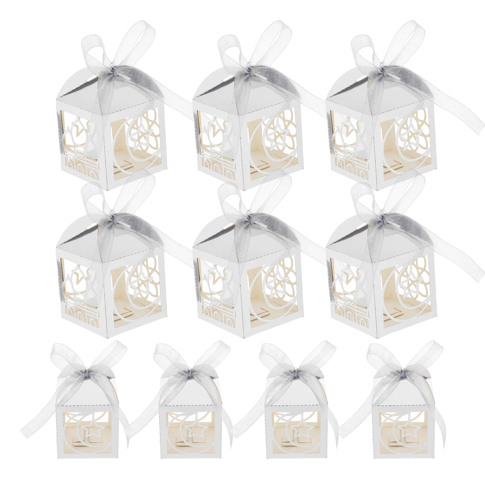 

50pcs Elegant Ramadan Candy Boxes Hollow Ribbon Star Moon Patterns Wedding Party Favor Eid Mubarak Supplies Gift Packing