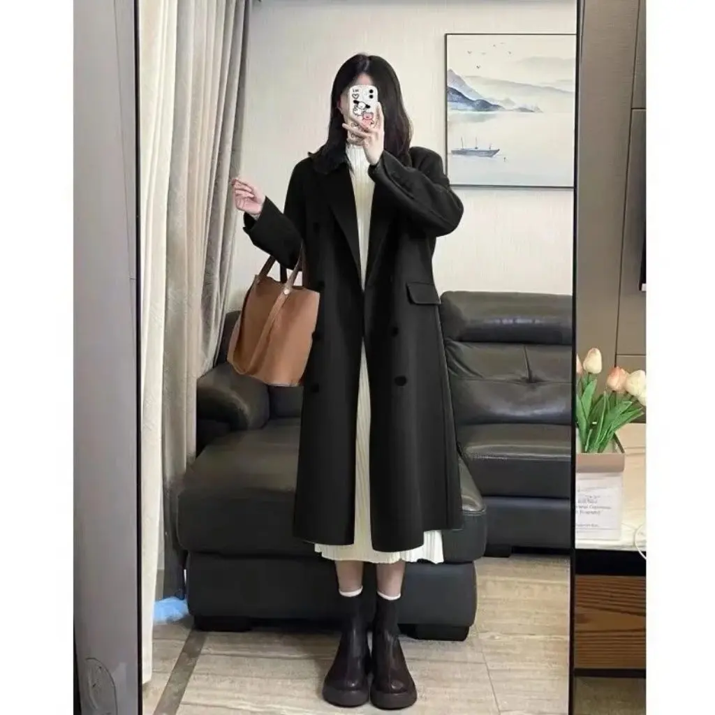 

Winter Green Long Woolen Coat French Hepburn Style Loose Casual Slimming Look over the Knee Warm Slim Fit Women's Outerwear