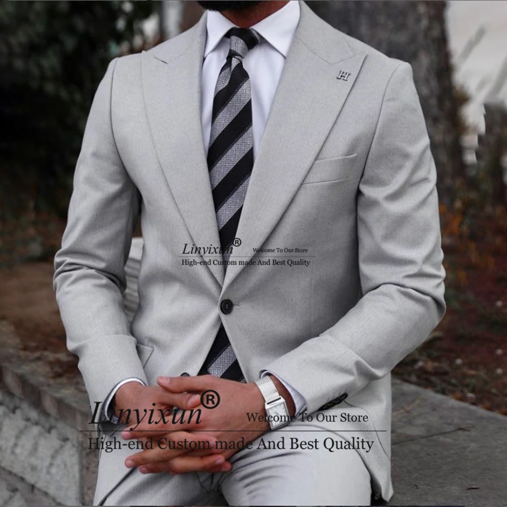 

Classic Grey Suits For Men Peak Lapel Formal Business Office Blazer Wedding Groom Tuxedo 2 Piece Set Jacket Pants Costume Homme