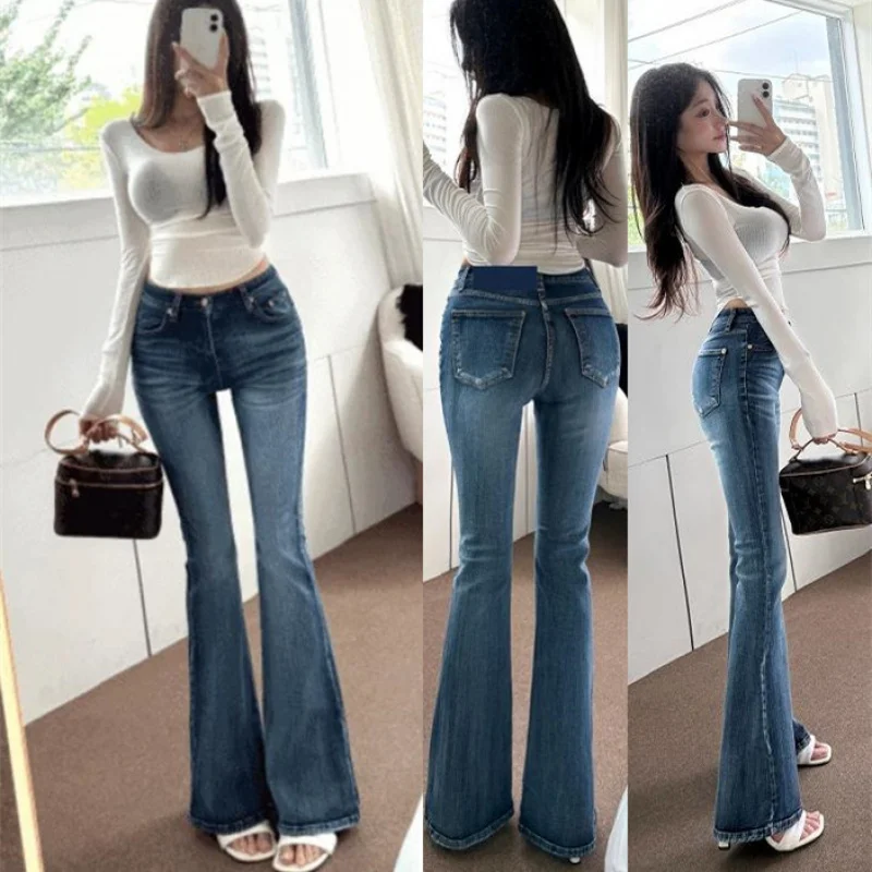 

Женские джинсы в корейском стиле с высокой талией, ретро, облегающие, осенние, эластичные, утягивающие, с эффектом потертости, микро-клеш.