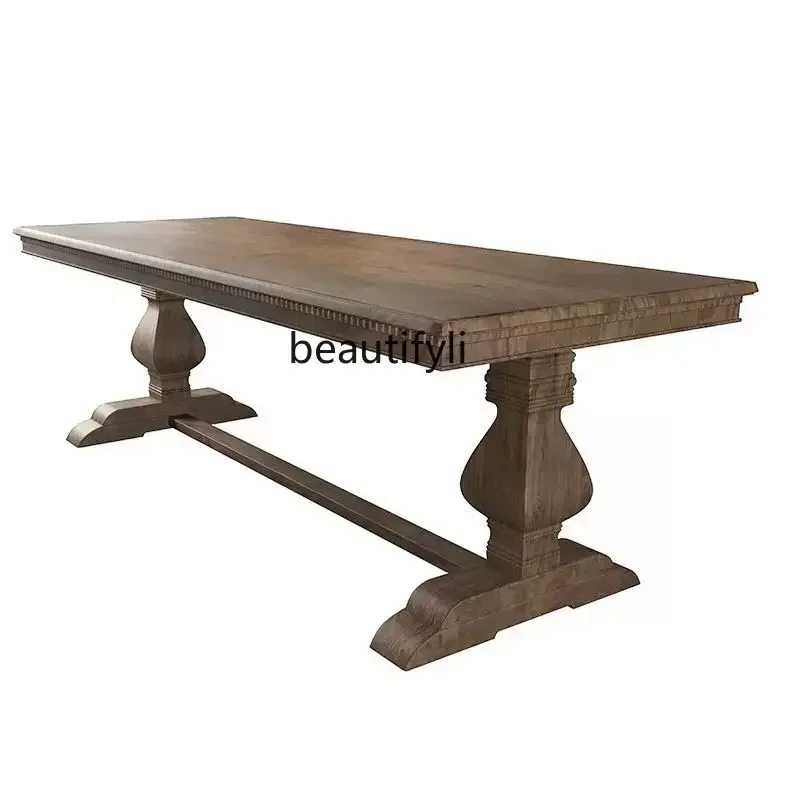 183F American country solid wood dining table and chairs European log large board table rectangular retro medieval conference ta