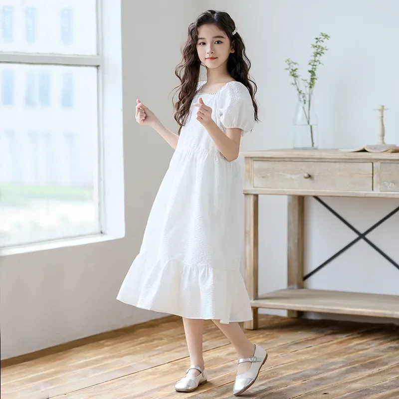 Flower Girl Dresses for Weddings 2024 Summer Knurling White Princess Dress 4-14 Years Teenage Children Clothes Square Neck