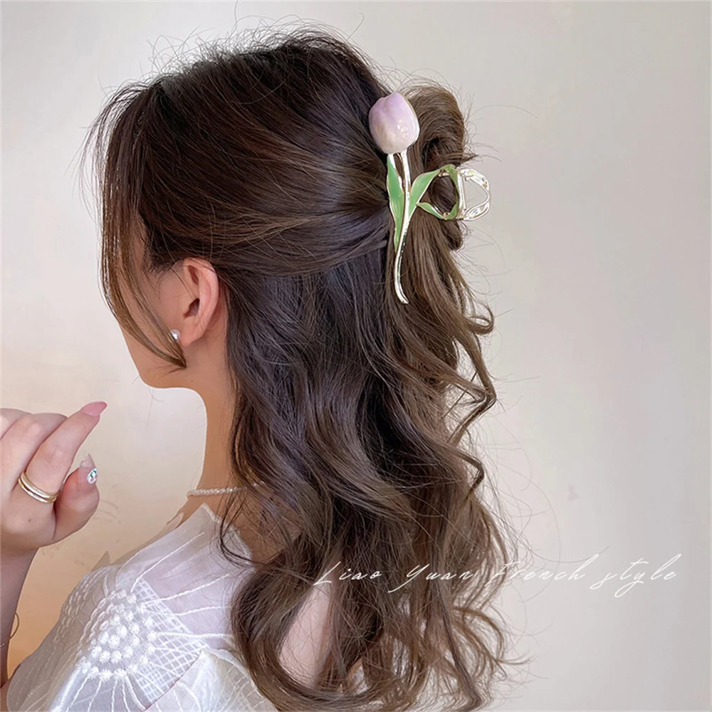 

Vintage Tulip Flower Hair Claw Clips Women Alloy Makeup Hair Styling Clamp Barrettes Girls Ponytail Shark Hair Claw Barrette