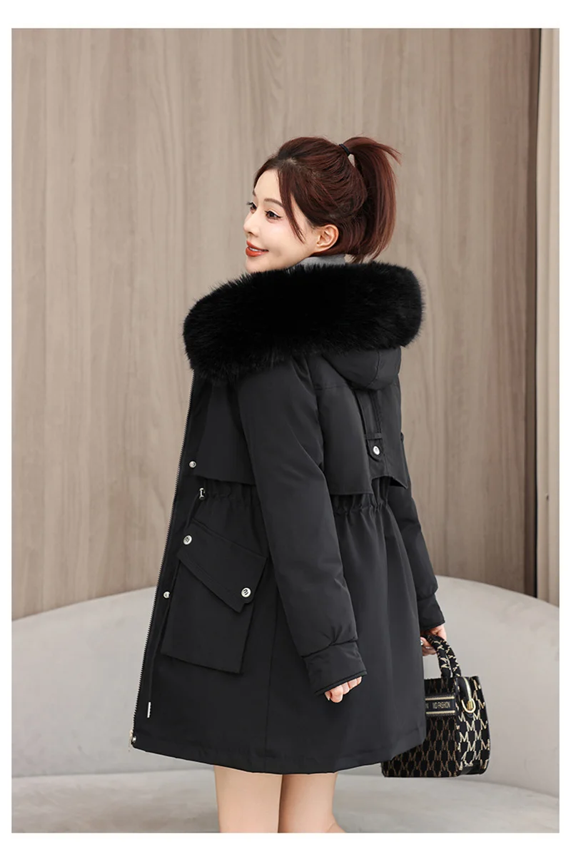 2026 New Winter Coat Down Padded Jacket Women Parkas Fur Collar Thick Hooded Cotton Coats Black Casual Outerwear Female Clothes