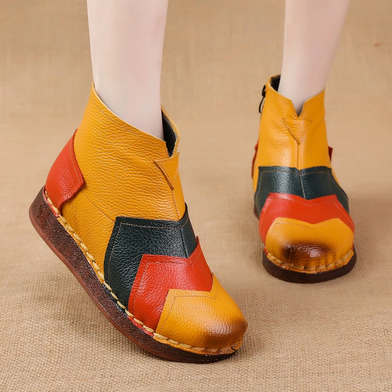 

Retro woman booties genuine leather ankle women boots luxury designer patchwork snow shoes ladies fur short plush chelsea boots