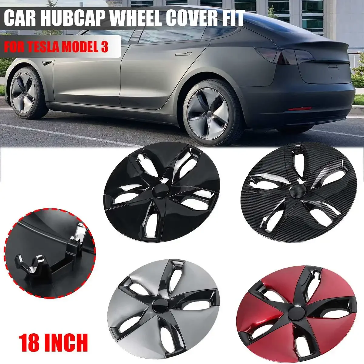 18 inch Car Wheel Cover Hubcaps Hub Covers Caps Wheel Wrap For Tesla Model 3 Gloss Black Red Carbon friber Gray