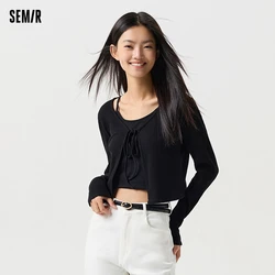 Semir 2024 Long-Sleeved T-Shirt Women Short Bow V-Neck Solid Color 2024 Spring New Hot Tight Textured Knitted Cardigan