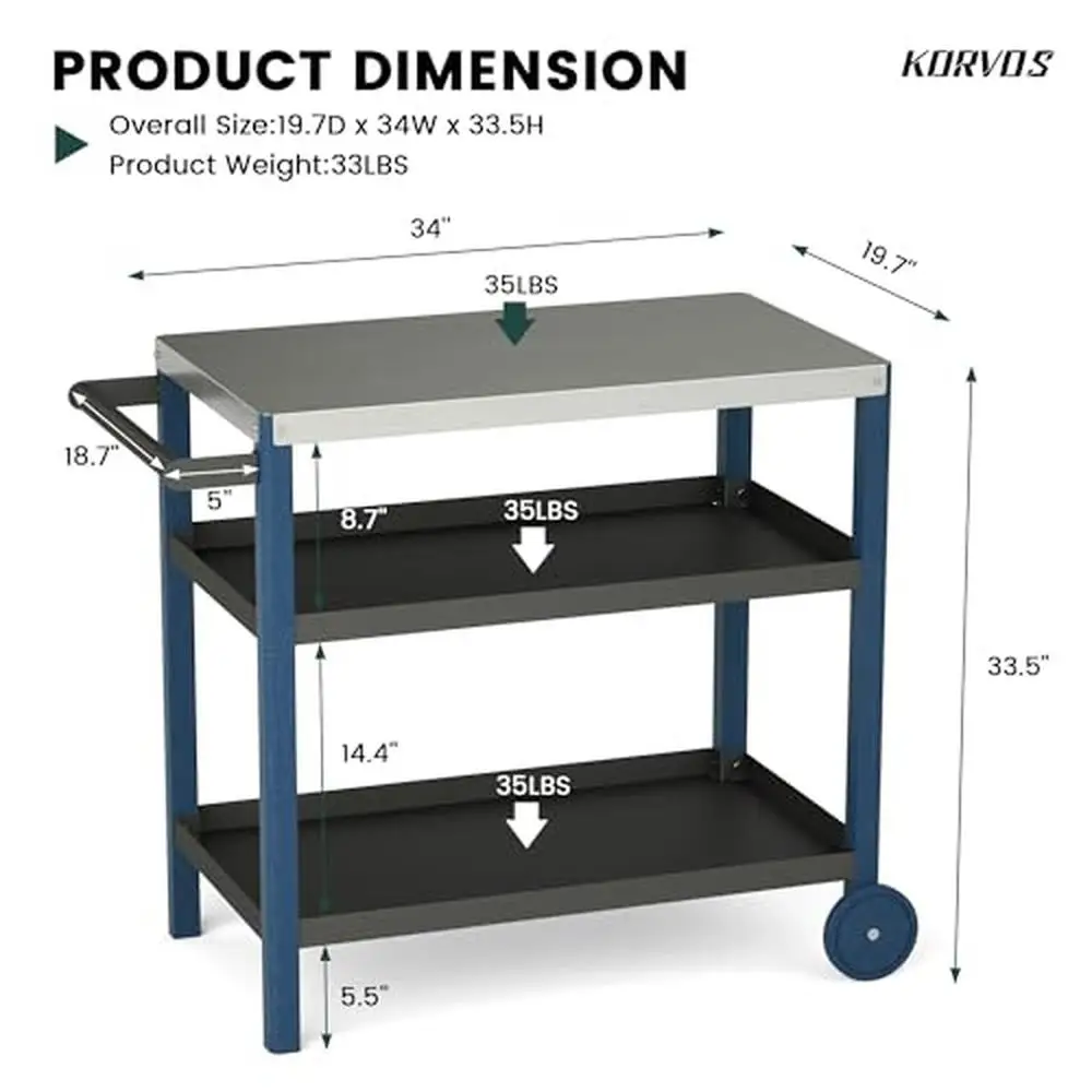 Outdoor Grill Table 3-Tier Stainless Steel Dining Cart Kitchen Island Storage Shelf L34 x W 19.7