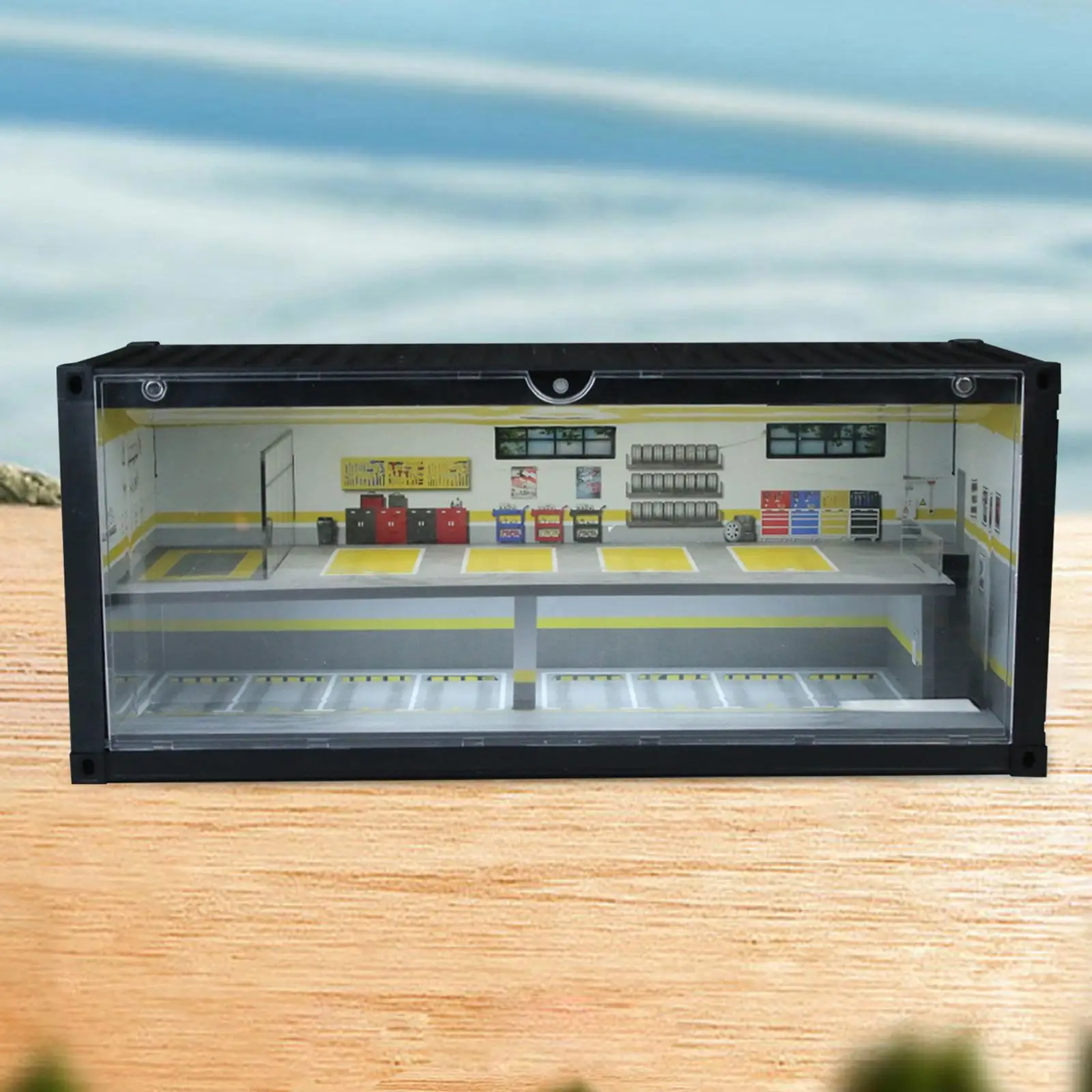 

1:64 Garage Display Case Garage Diorama Dustproof Simulated Background with LED for Doll Sports Cars Action Figures Accessory