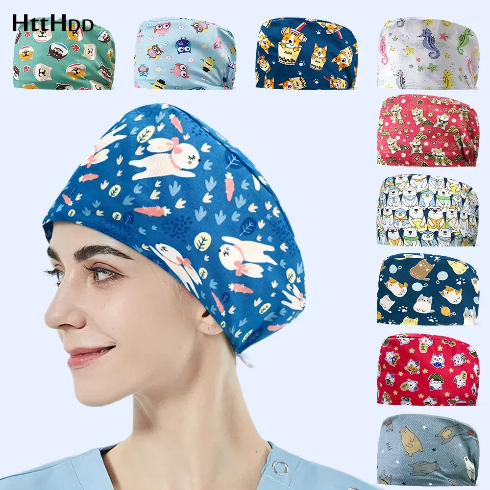 Printed Pharmacist Hats Men and Women Work Hat Scrub Cap Gorro Enfermera Quirofano Scrub Cap Cotton Scrubs Hat Nurse Accessories