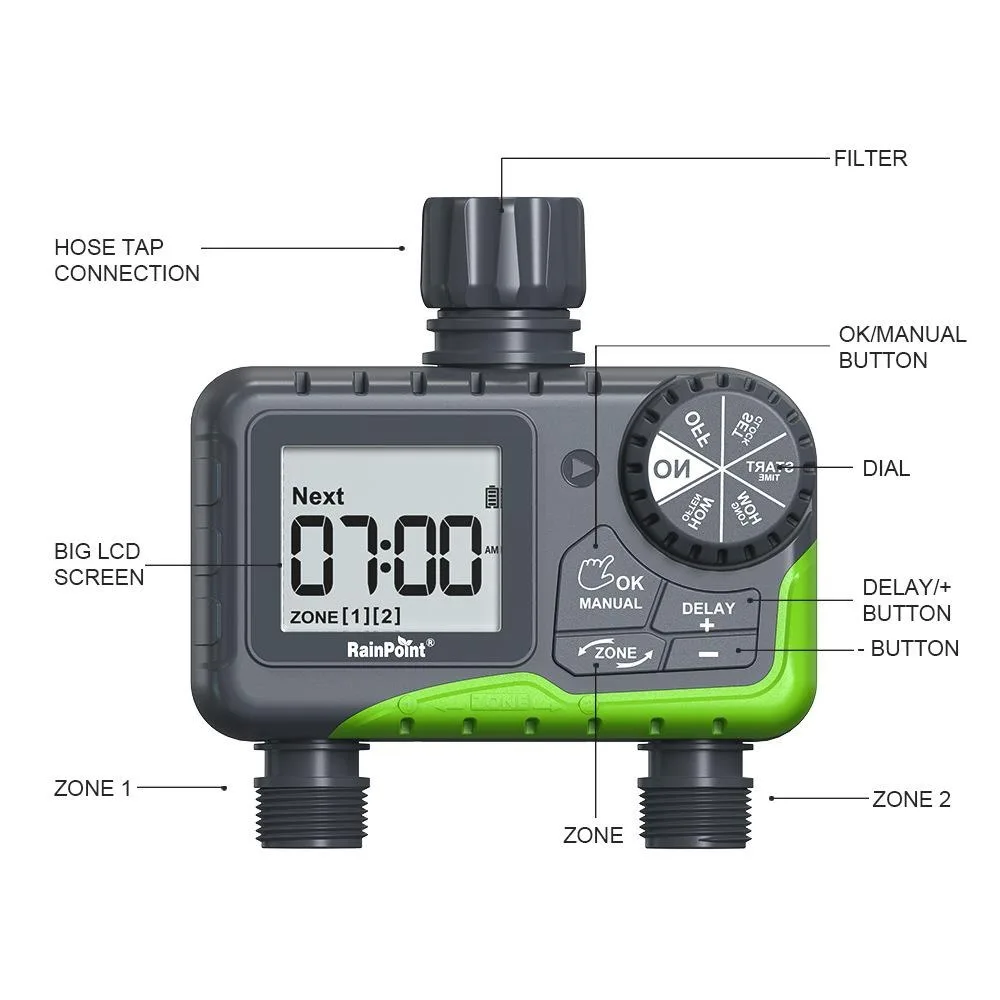 2025 جهاز تحكم ذكي في توقيت الري ثنائي القناة جهاز سقي أوتوماتيكي لحديقة الحديقة