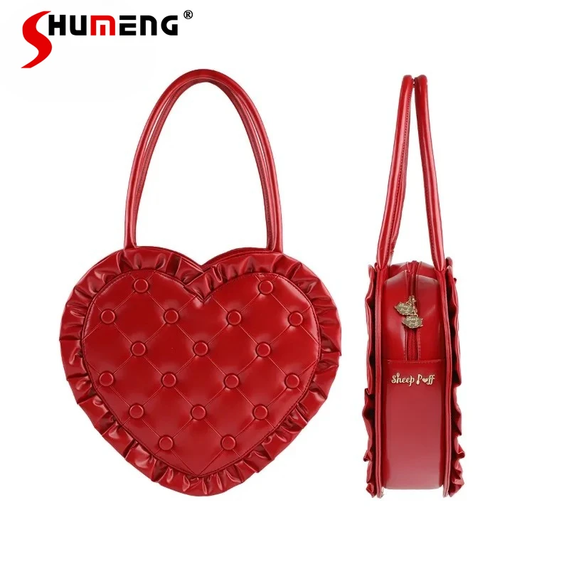 

Heart Pillow Bags Ladies Lolita Heart Vintage Bag Lace Handbag Shoulder Bag Women's Japanese Rojita Kawaii Zipper Shopping Bags