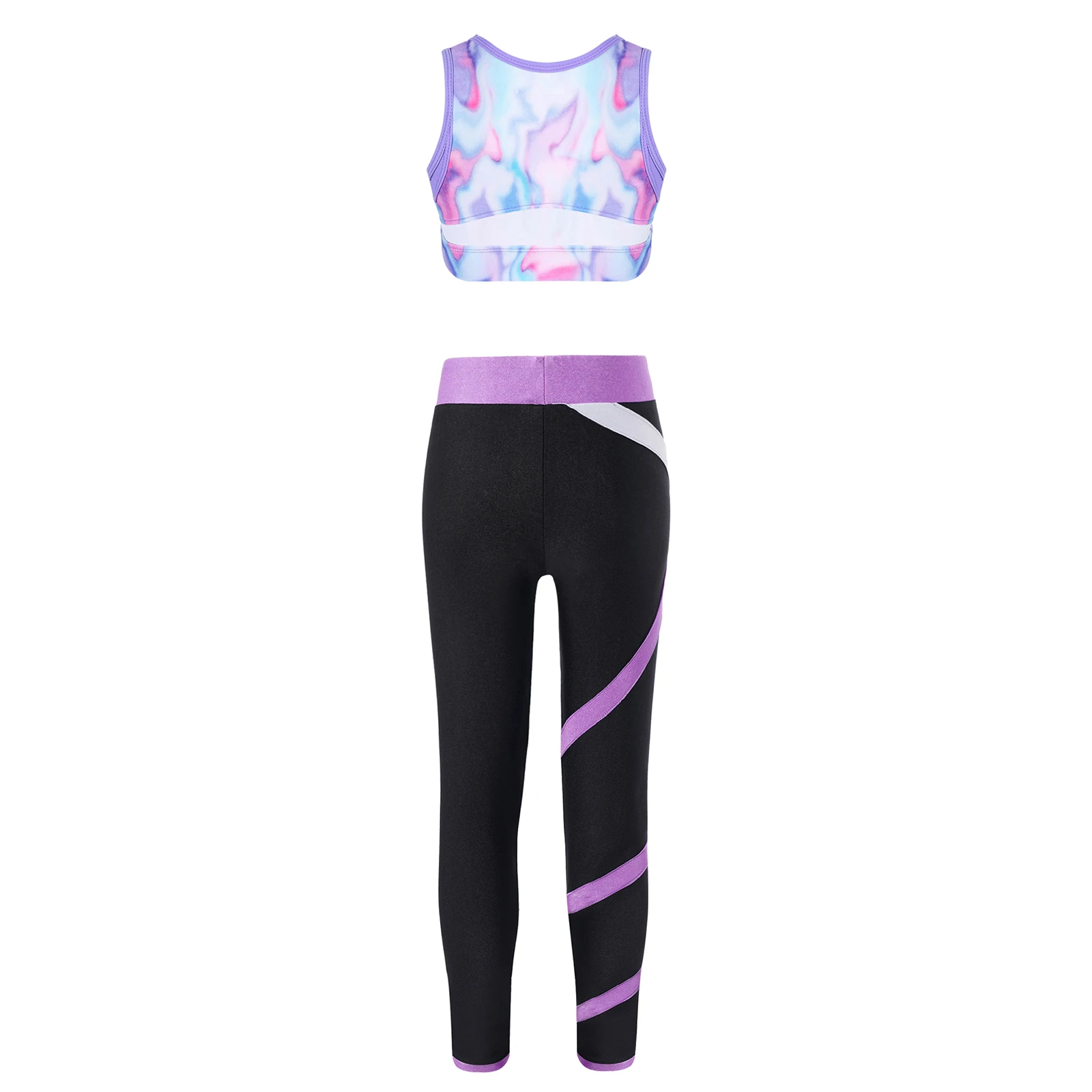 Kids Colorful Yoga Set Sportswear for Girls Sleeveless Printed Crop Top with Leggings Tracksuit for Workout Ballet Dance Outfits