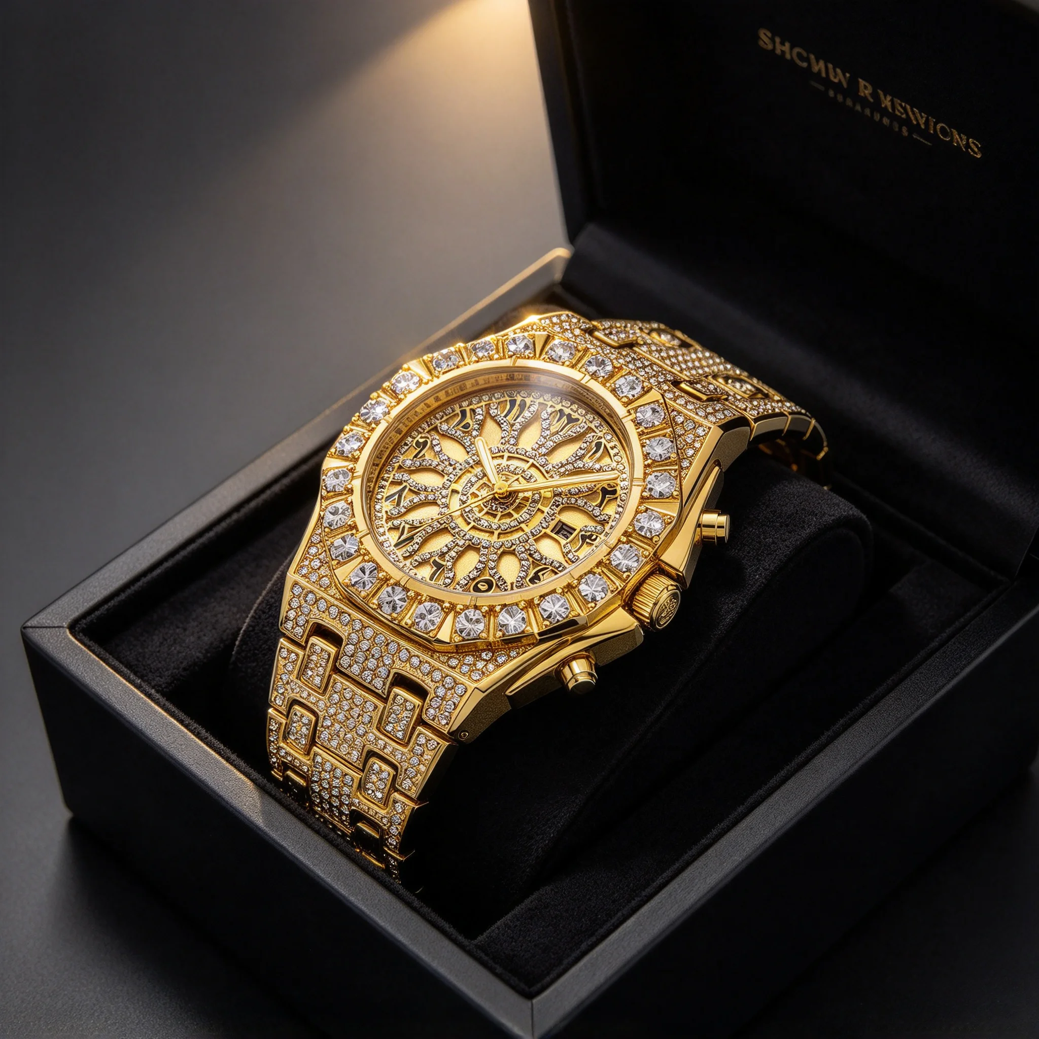 Mens Iced Out Watch Full Rhinestone Gold Dial, Hip Hop Bling Quartz Wristwatch, Rapper Classic Trendy Sparkling Pave Bracelet