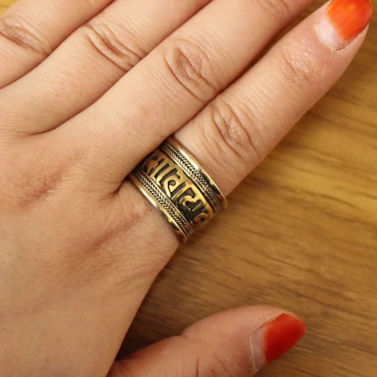 RG361 Ethnic Tibetan Red Copper Six Words Mantra 14mm Wide Open Back Ring Adjustable Thumb Rings