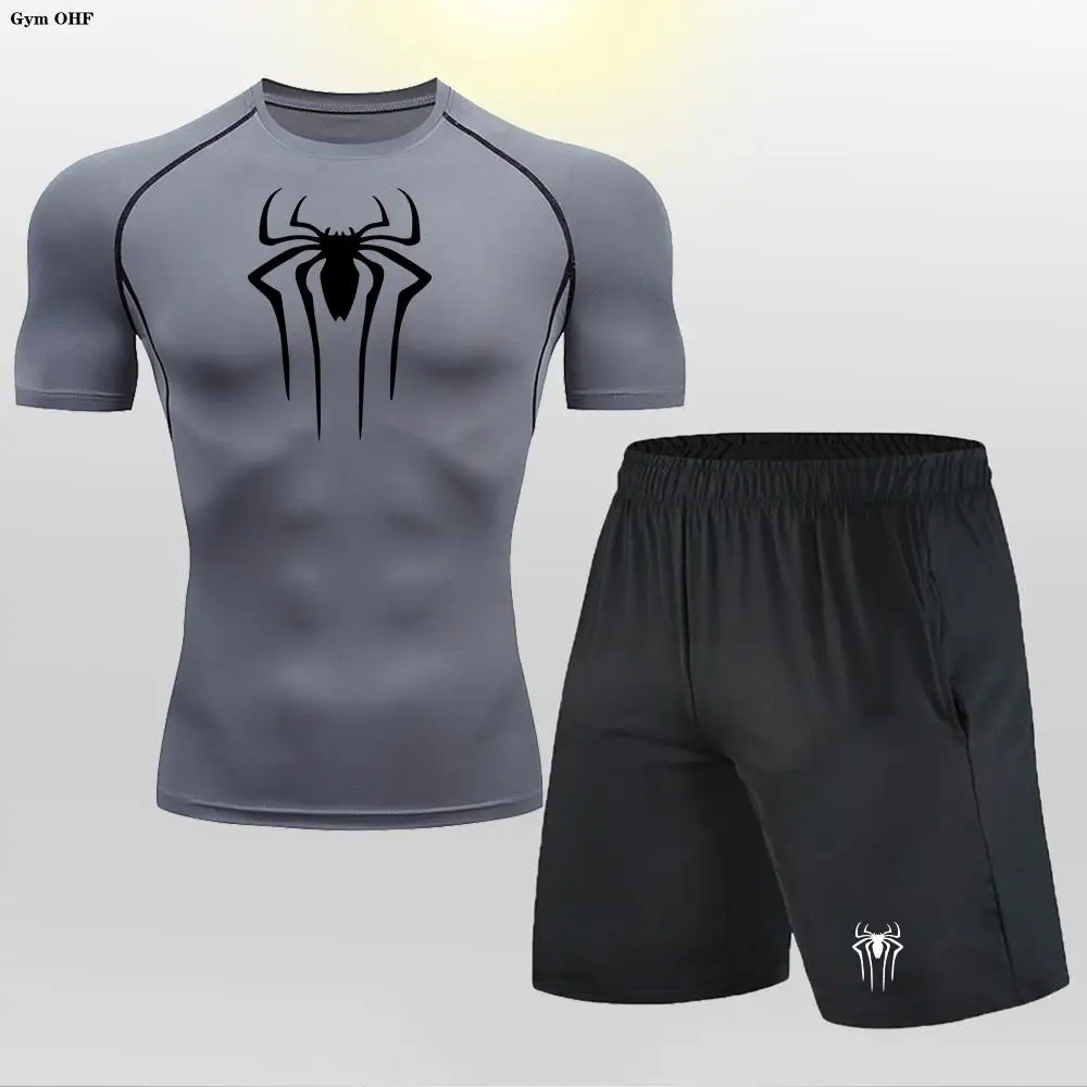 Spider Men T Shirt Shorts Set Compression Sport Suit Mens Clothes Running Tracksuit Wear Exercise Workout Tights Man