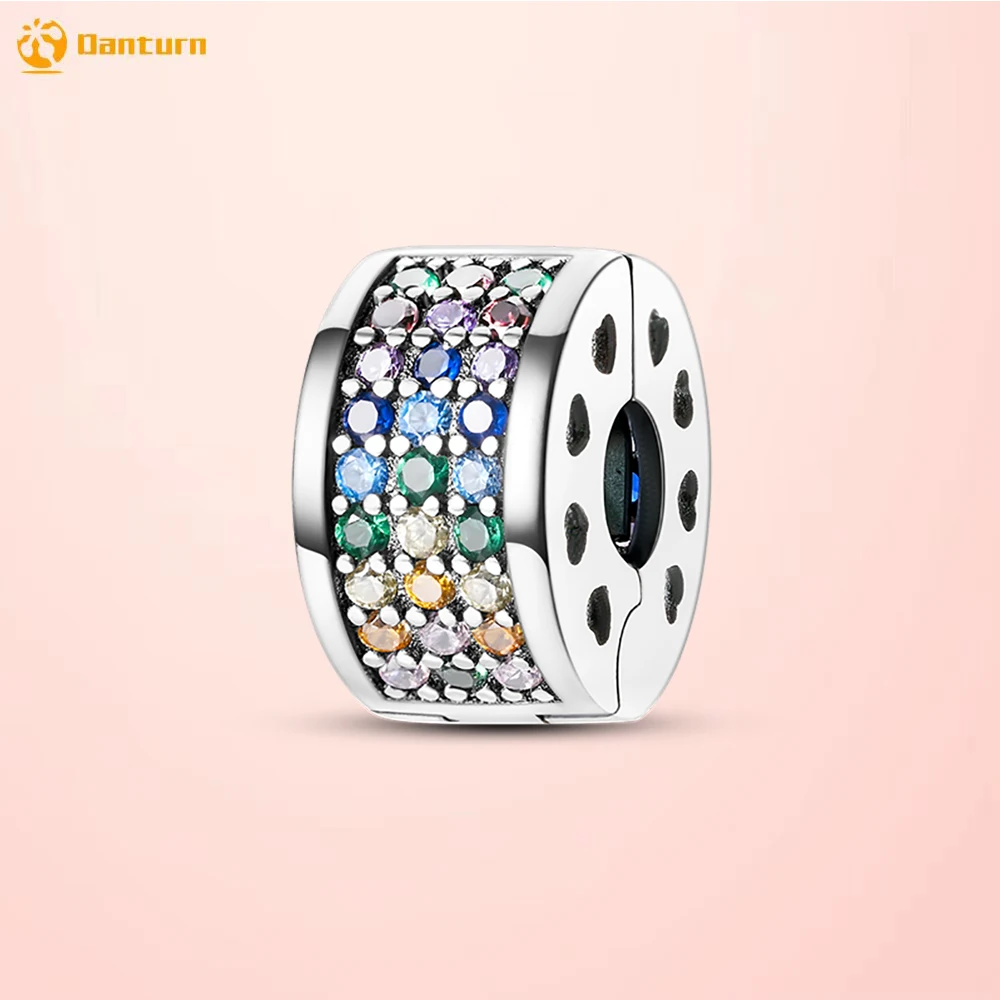 

Danturn 925 Sterling Silver Beads Pavé Rainbow Color Clip Charm fit Original Pandora Bracelets for Women Jewelry Making Gift