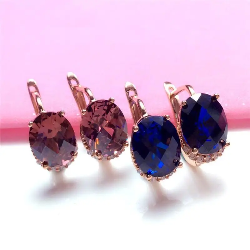 

585 purple gold inlaid blue crystal ear buckle shiny light luxury 14K rose gold ruby earrings for women glamour wedding jewelry