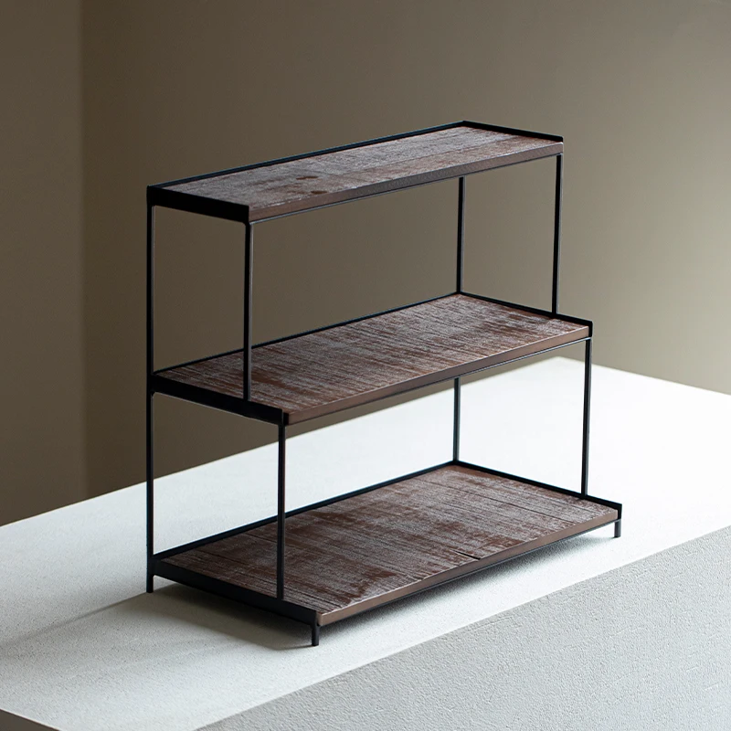 

Grass and wood temple wrought iron solid wood three-layer trapezoidal teapot storage display