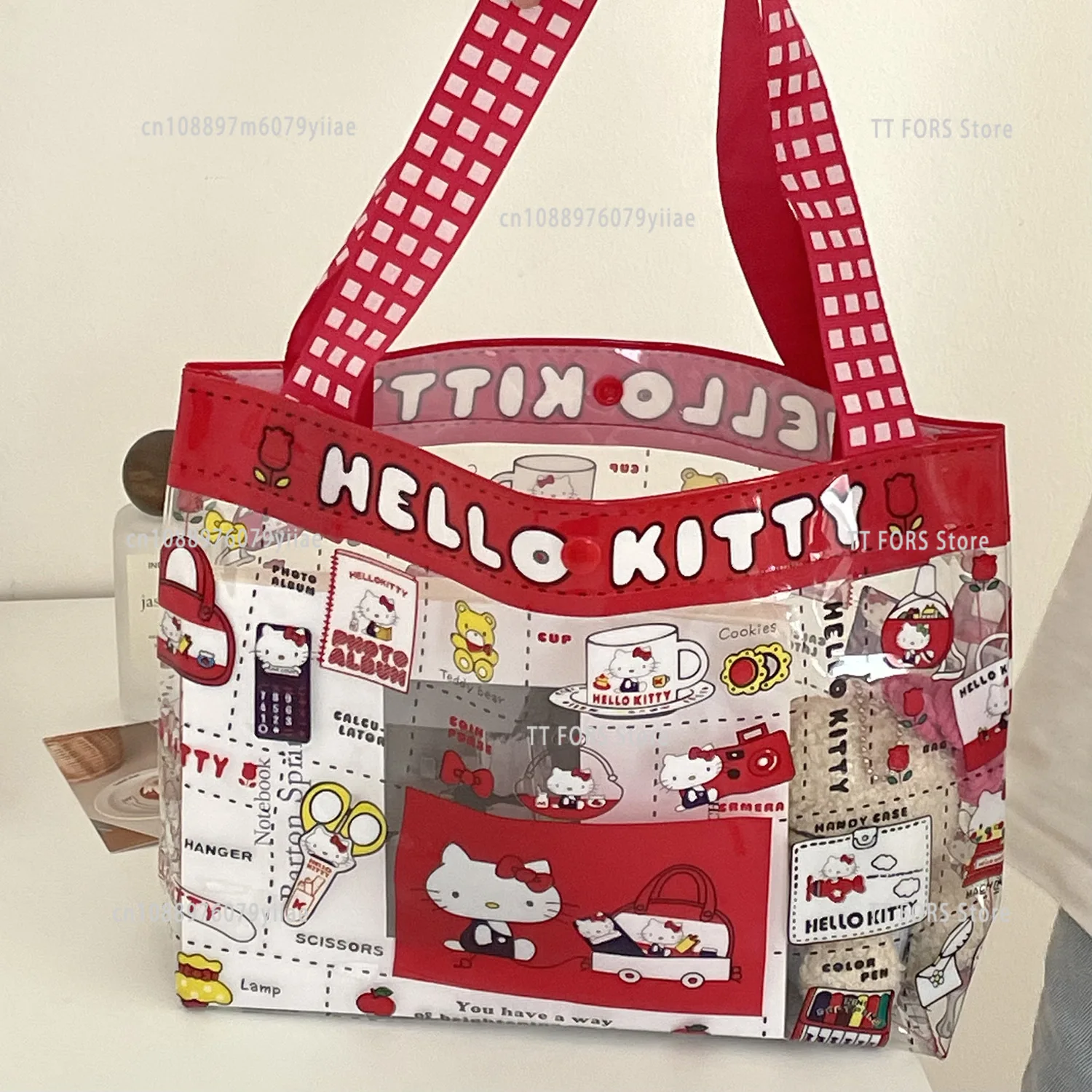 Bolsa de pañales portátil impermeable Hello Kitty, bolsa de compras al aire libre transparente de PVC de gran capacidad a la moda para mujer