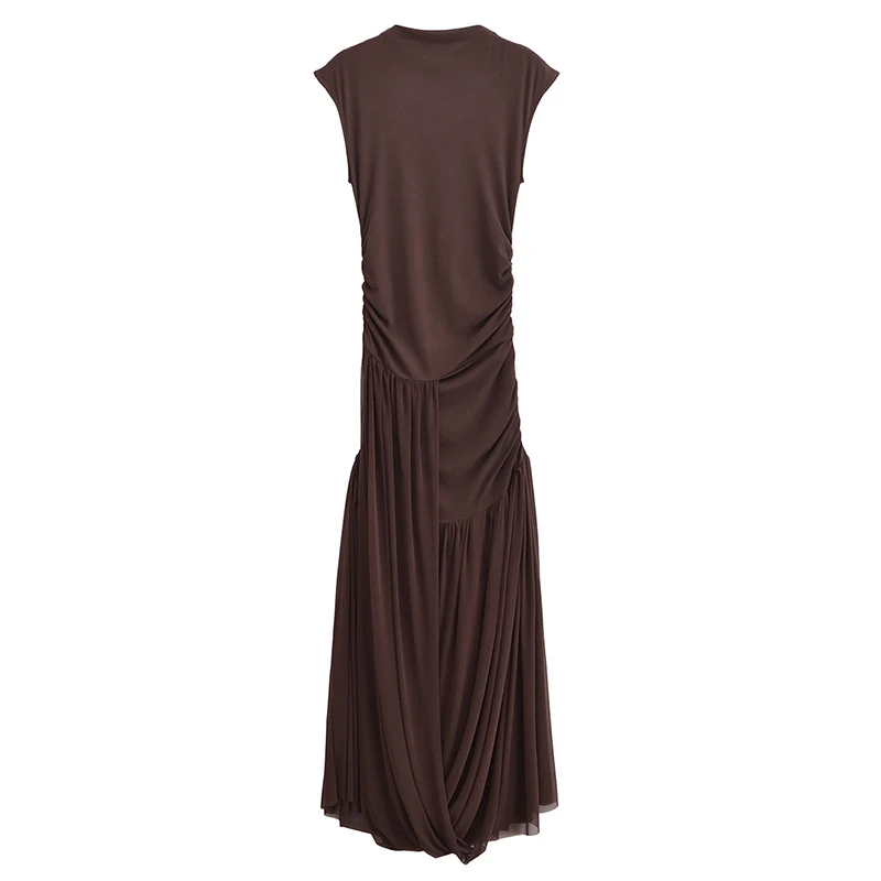 YENKYE شبكة المرقعة غير النظامية المرأة فستان طويل س الرقبة قصيرة الأكمام بني داكن فساتين الصيف عطلة ماكسي فيستدوس #2