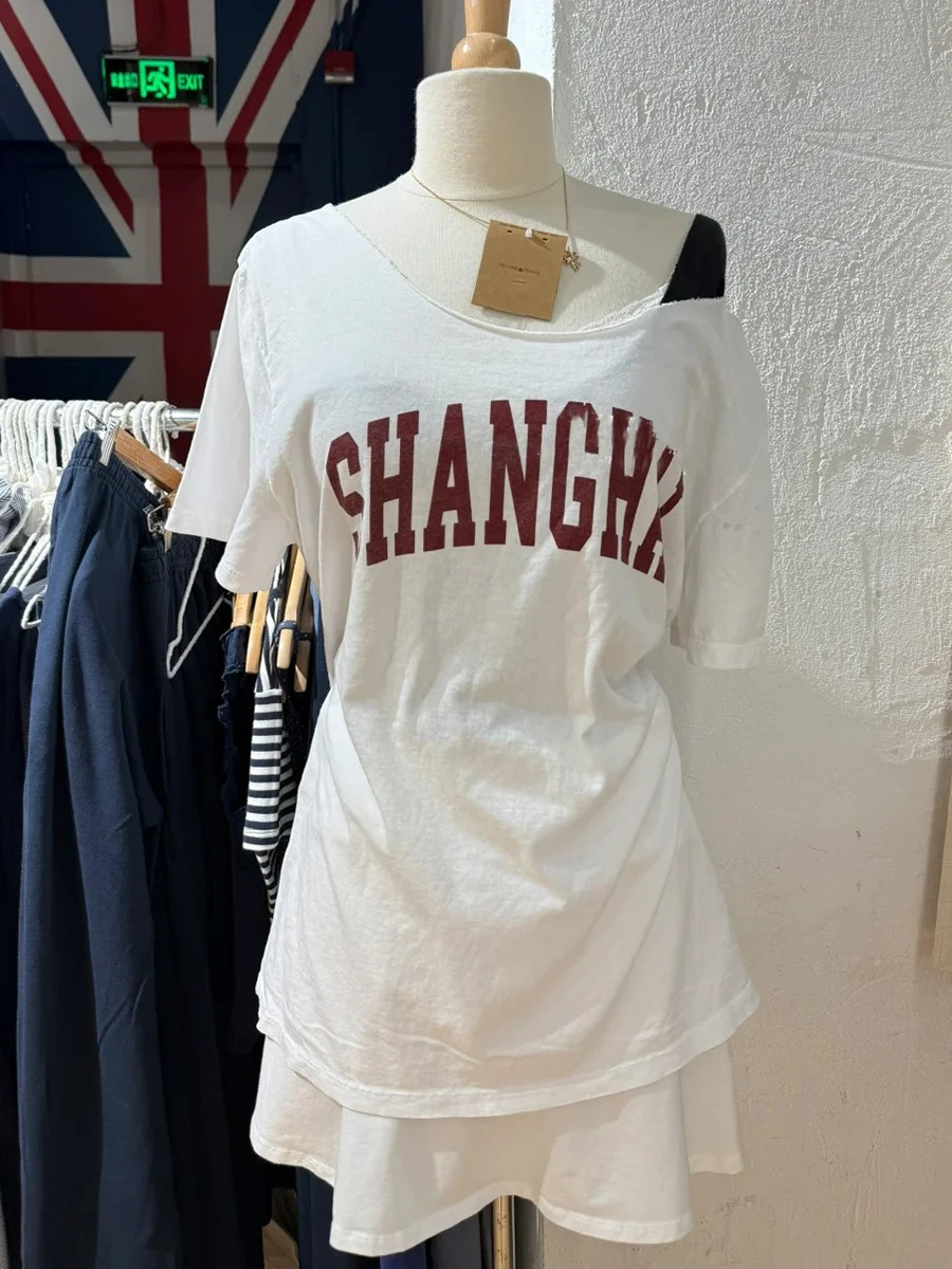 New Letter Print Slash Neck T-shirts Women Summer Casual Simple Loose Cotton Short Sleeve Tees Sweet Chic Preppy Style Tops Y2K