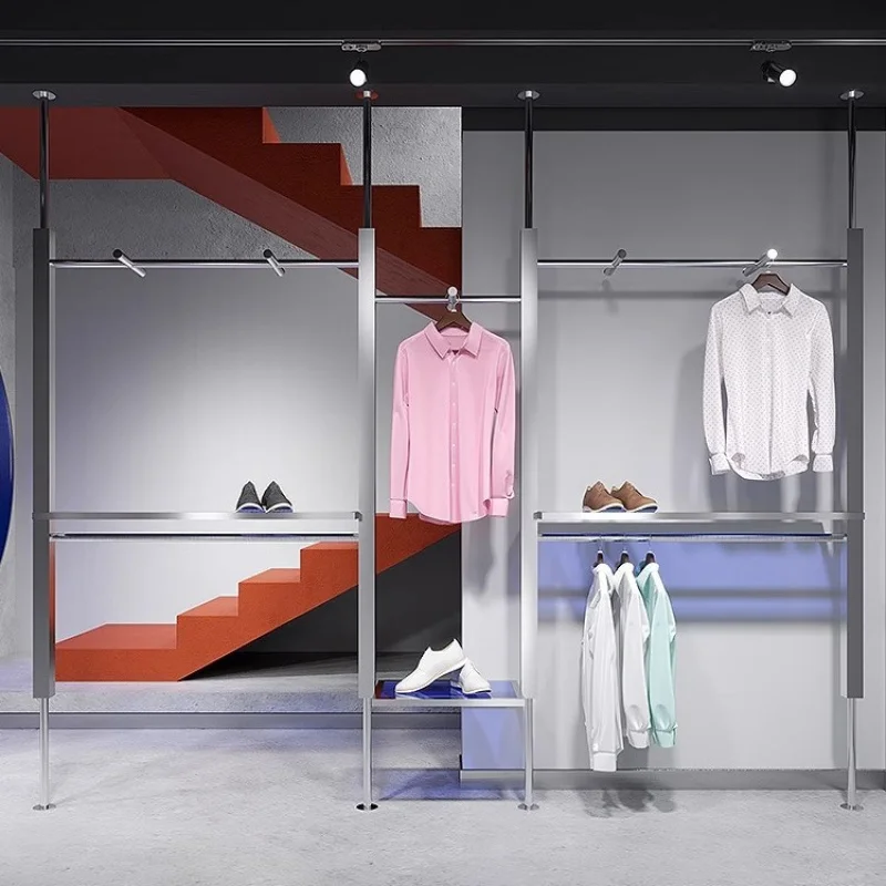 custom.Modern Stainless Steel Wall-Mounted Column Rack Whole Store Design Wire Drawing Clothing Hanger Display