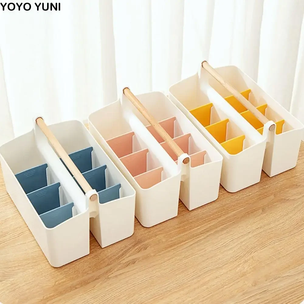 

Plastic Desk Storage Organizer Detachable Multi-Purpose Desk Stationery Box with Wooden Handle Divided Compartments Storage Box