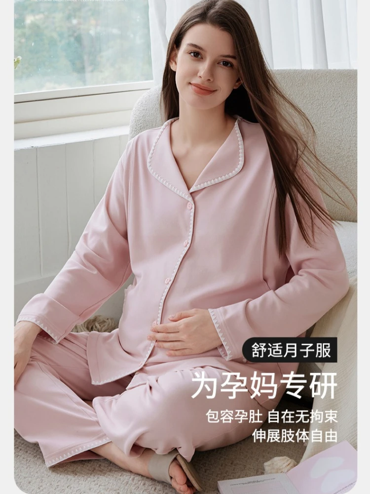 Autumn Women Maternity Nursing Pajamas Cotton Lapel Open Front Labor Gown Set with Chest Pads Pregnancy Postpartum Loungewear