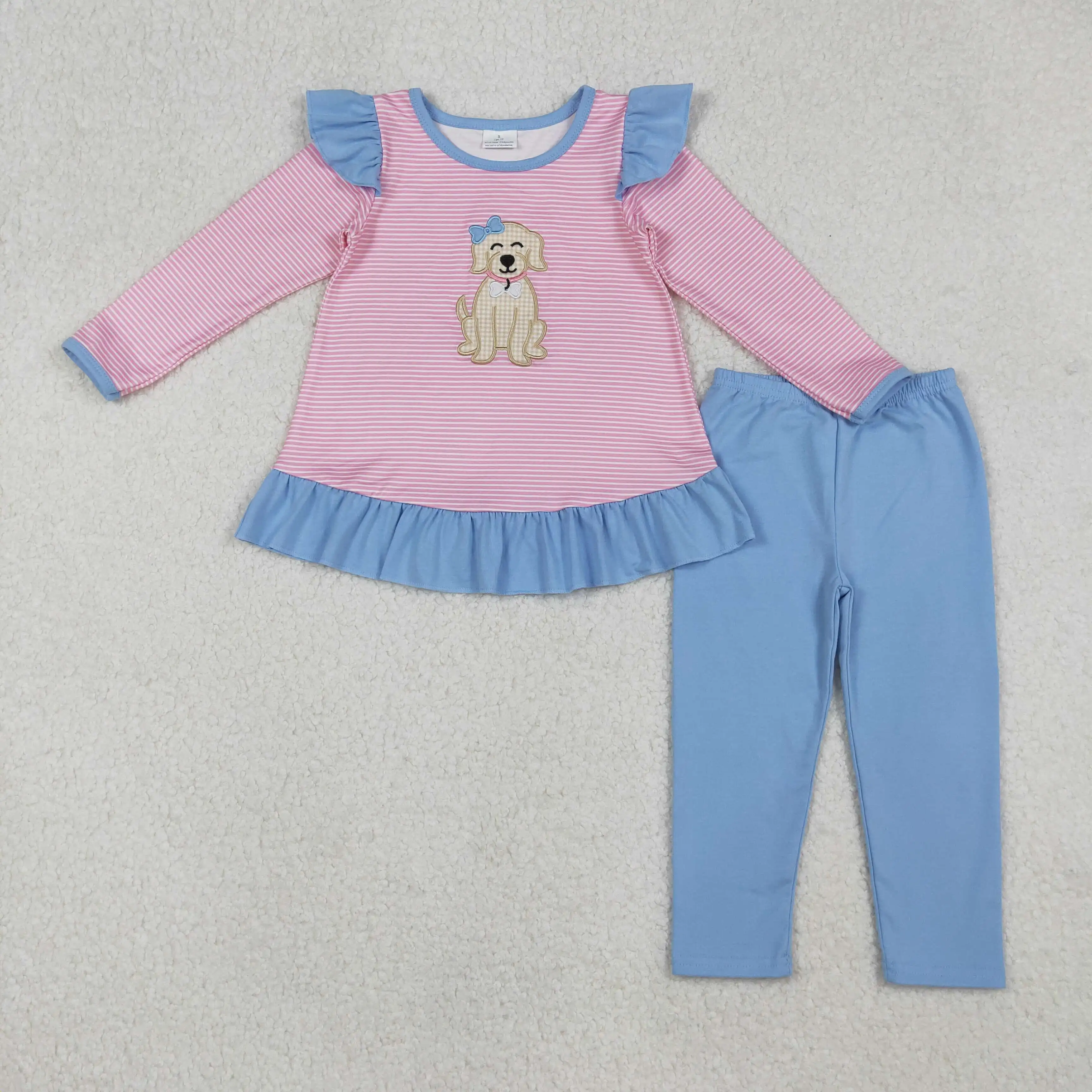 

X10.1 Embroidered bow puppy striped New winter girls' clothing wholesale long-sleeved blue trouser suit