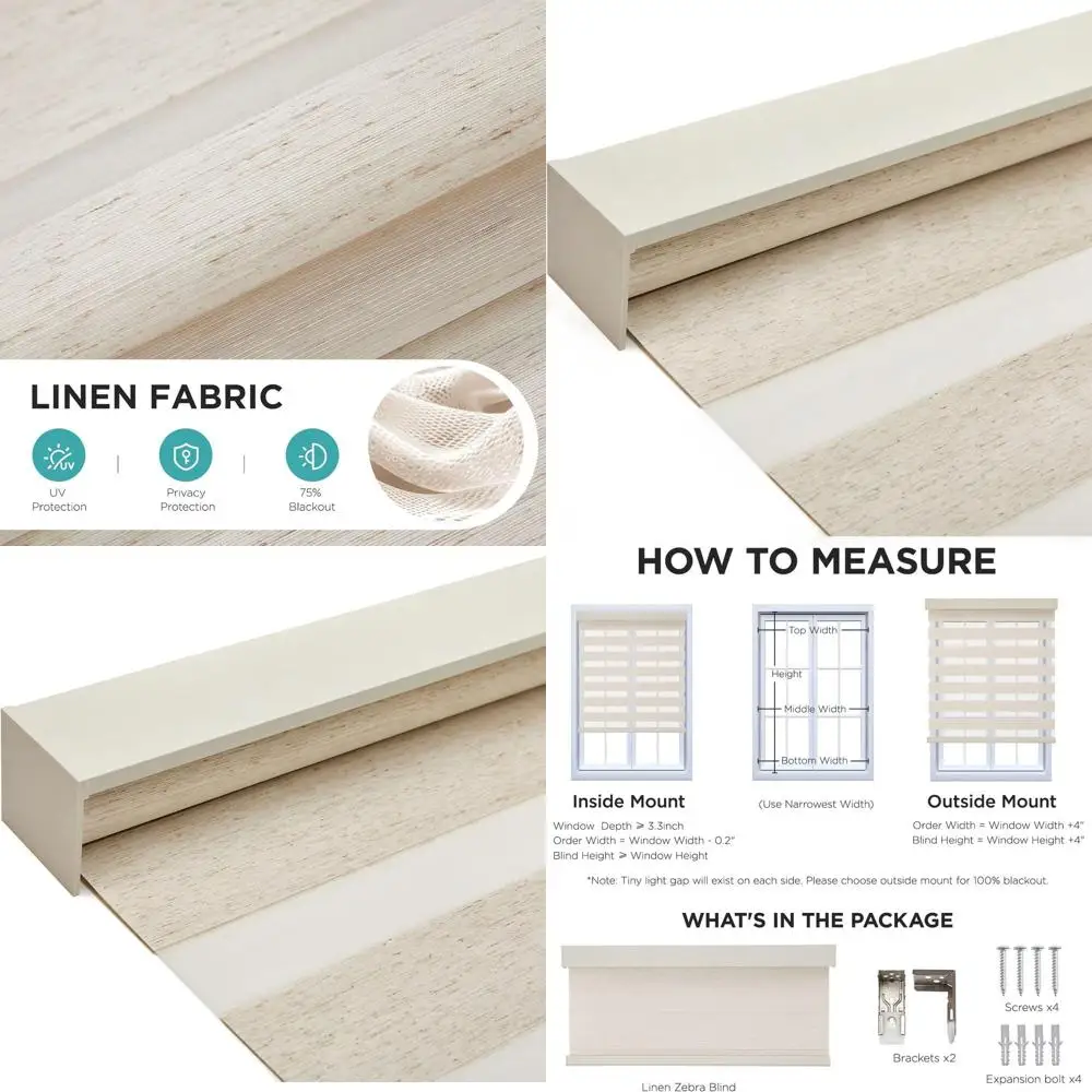 

Cordless Zebra Linen Window Blinds, Privacy and Light Control, Dual Layer, 32 x 72 for Home