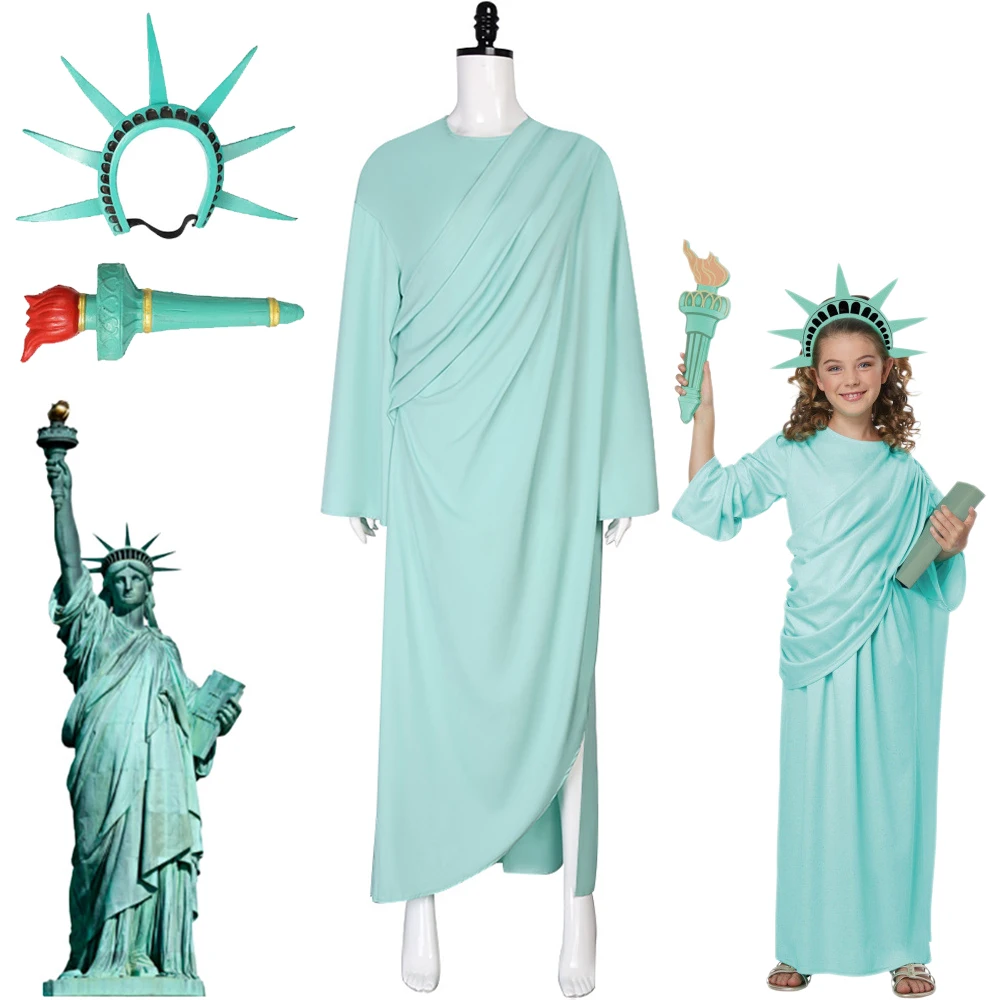 

Statue of Liberty Cosplay Lady Liberty Costume Green Women Girls Patriotic Collection Halloween Party Fancy Dress Headwear