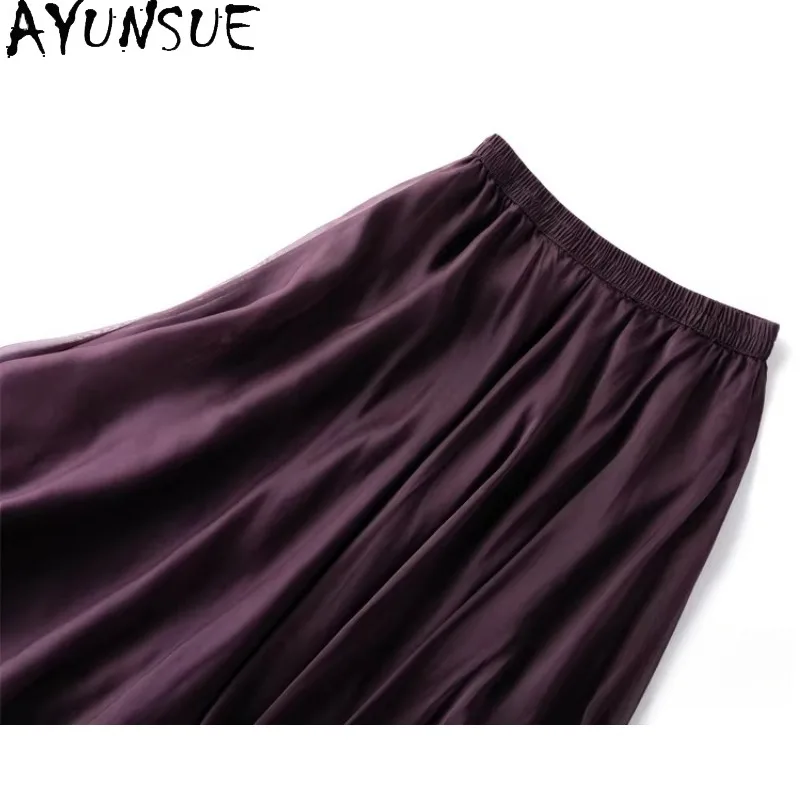 

AYUNSUE 100% шелковые юбки для женщин, однотонные женские юбки с эластичной талией, фиолетовая длинная юбка, весенне-летняя одежда для женщин