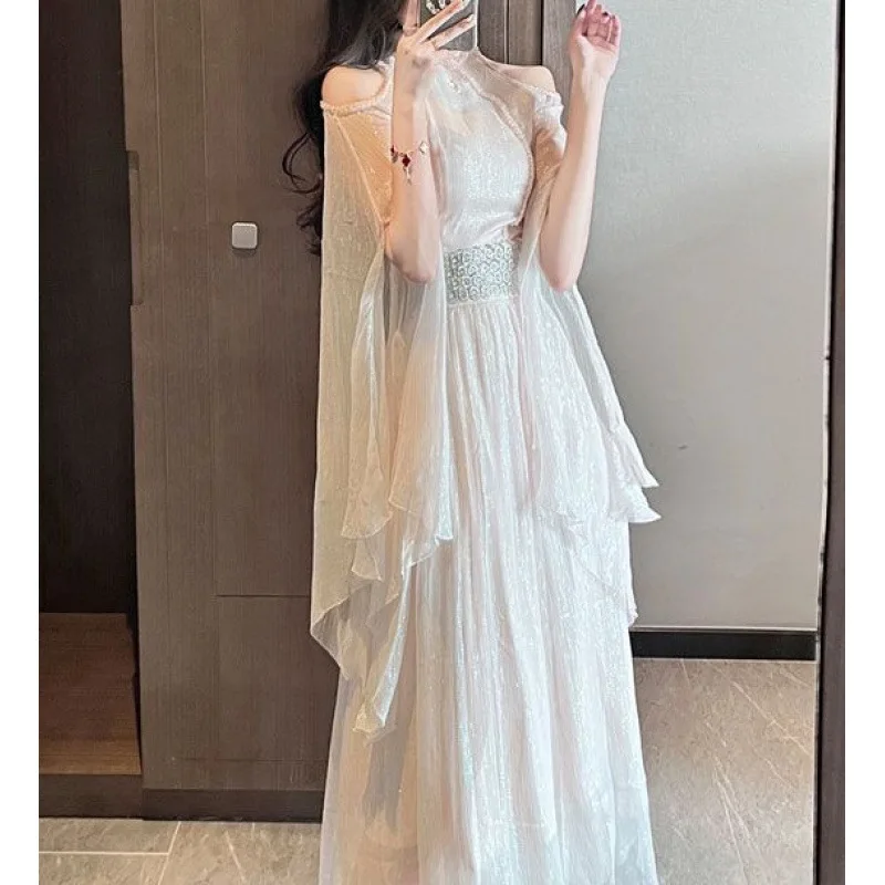 

Дизайнер лета 2025 года, модифицированное платье Cheongsam с открытыми плечами и широкими рукавами, сказочная юбка, платье, длинная юбка, юбка