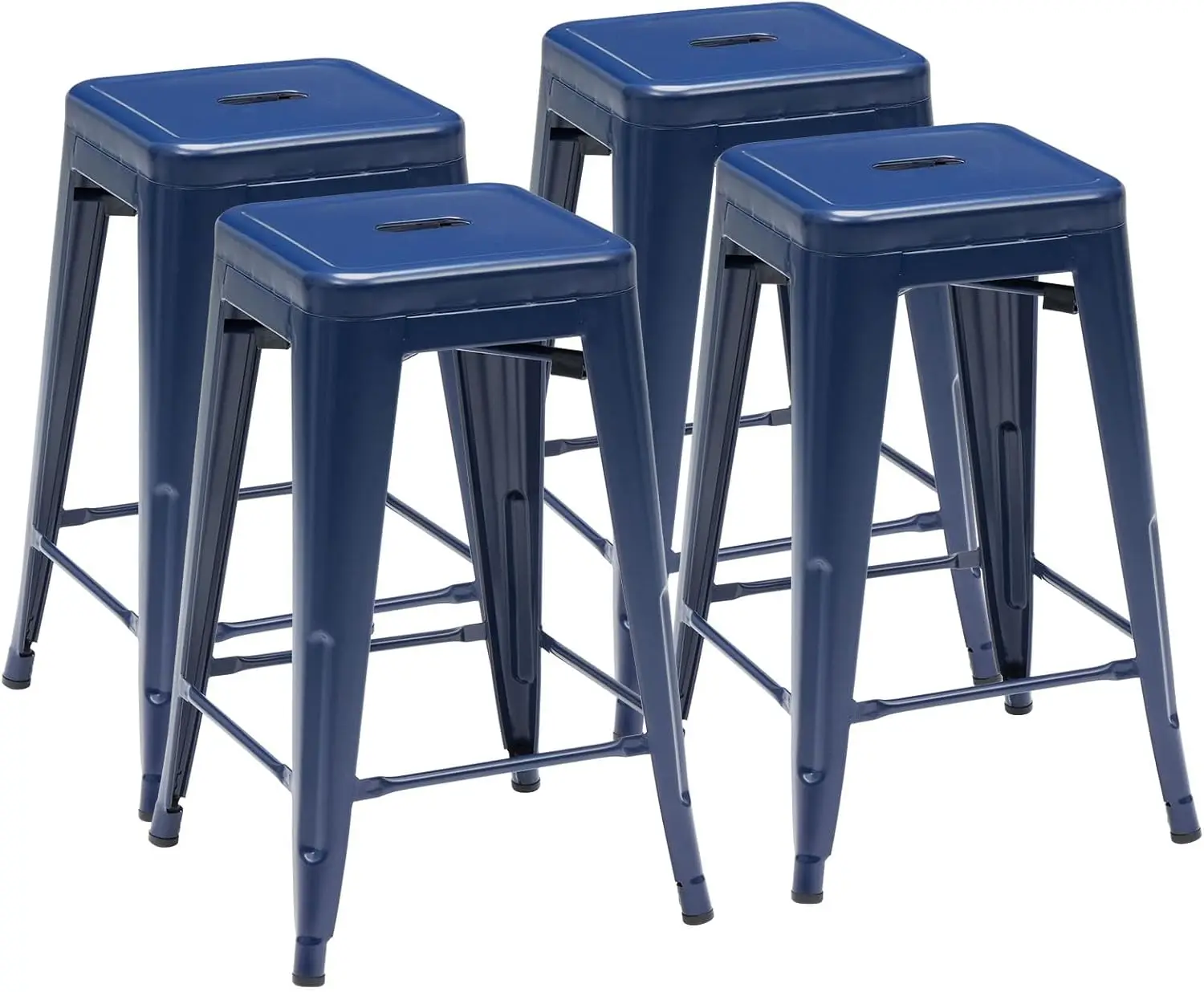 Set of 4 Blue Stackable Metal Bar Stools, 24 Inch Counter Height, Backless Design for Indoor Outdoor Use