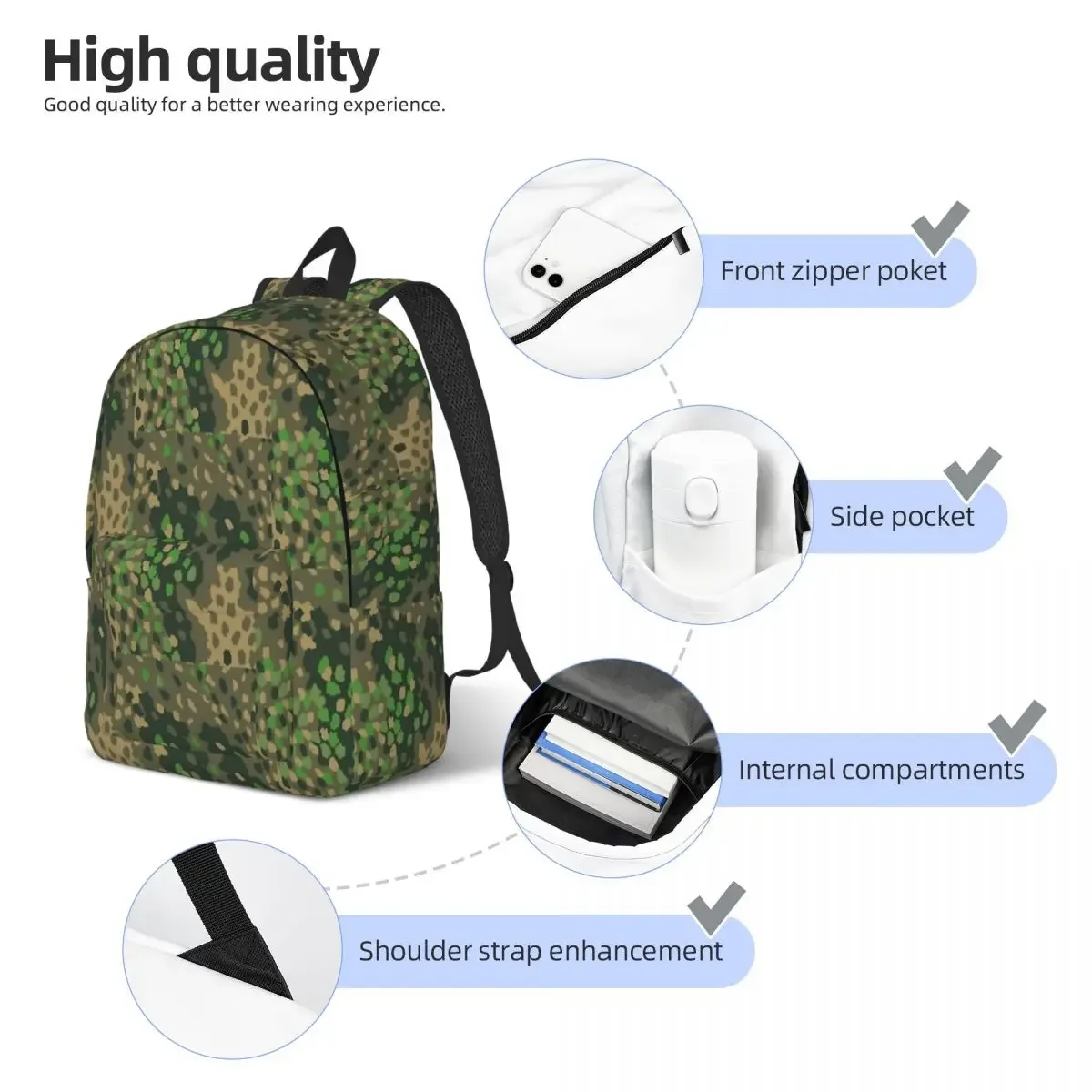 Dot 44 German WW2 Camouflage Backpack for Men Women Fashion High School Travel Daypack Laptop Computer Shoulder Bag Outdoor