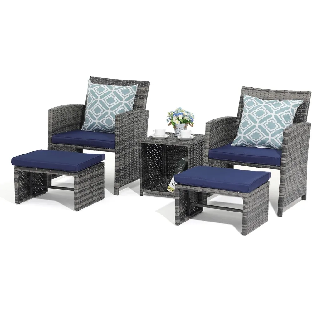 5 Piece Patio Furniture Set,Wicker Outdoor Conversation and Ottoman Set with Coffee Table,Pillows Included,for Balcony