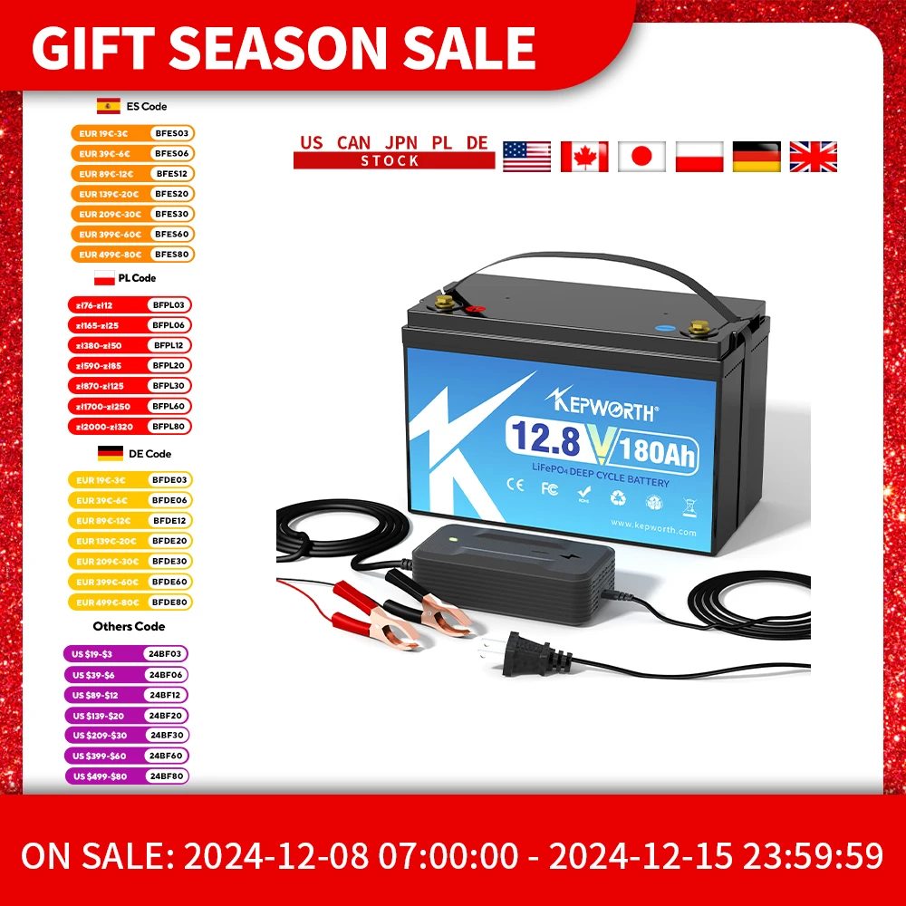 KEPWORTH 12V 180Ah LiFePO4 Battery, Built-in 100A BMS 2304Wh Energy Deep Cycles, Perfect for Off-Grid, Motorhome, Solar System