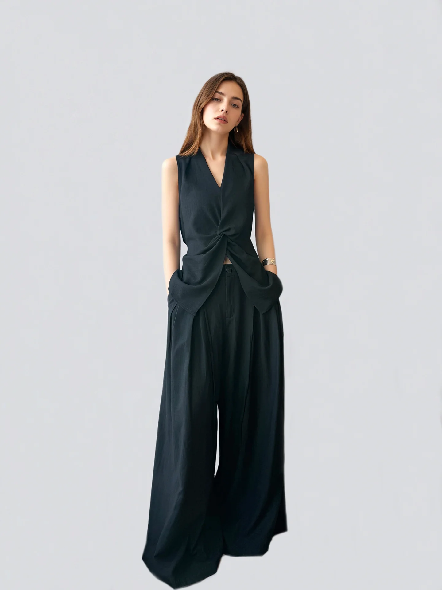 

AYINGJIA High Waist Draped Floor-Length Wide Leg Pants Women's Sleeveless Shirt Vest Summer New Linen Set V-neck Zipper Loose...