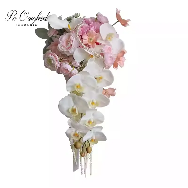 

PEORCHID Artificial Pink and White Orchid Bride Wedding Bouquet Flowers Real Touch Cascading Bouquets Casamento Noiva
