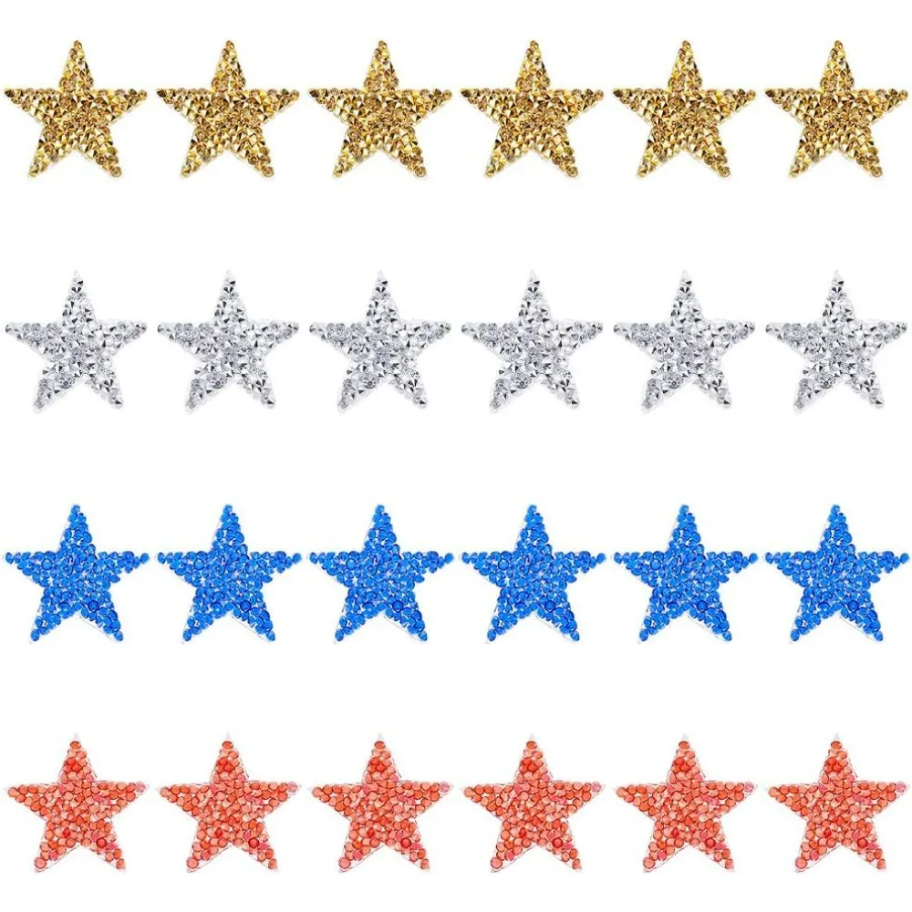 24PCS Star Iron On Rhinestone Appliques (Gold Silver Red Blue 1.4x1.4 inch) Bling Glass Rhinestone Patches Star Glitter Repair