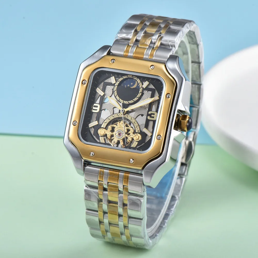Business Mechanical Watch with Square Light Luxury Skeleton Exhibition Case Sun Moon Dial Waterproof Fold Clasp for Men