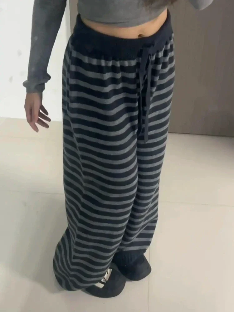 Harajuku Contrast Color Stripe Wide Leg Trousers Vintage Grunge Loose Knitted Casual Pant Y2k Aesthetic Women Straight Pants