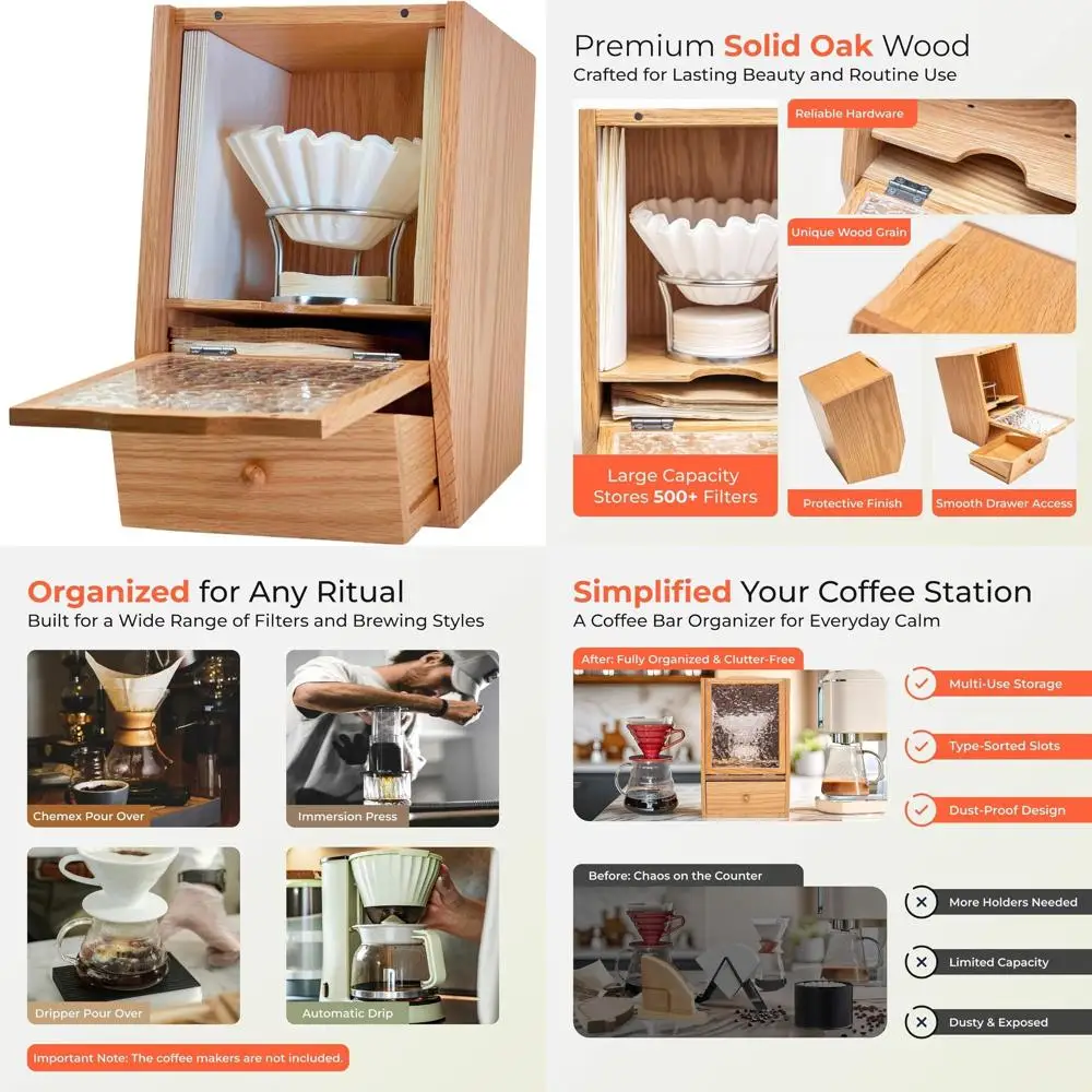 

Large Wooden Coffee Filter Holder with Lid - Pour Over Station Organizer & Tea Storage for Home Bar, Farmhouse Decor