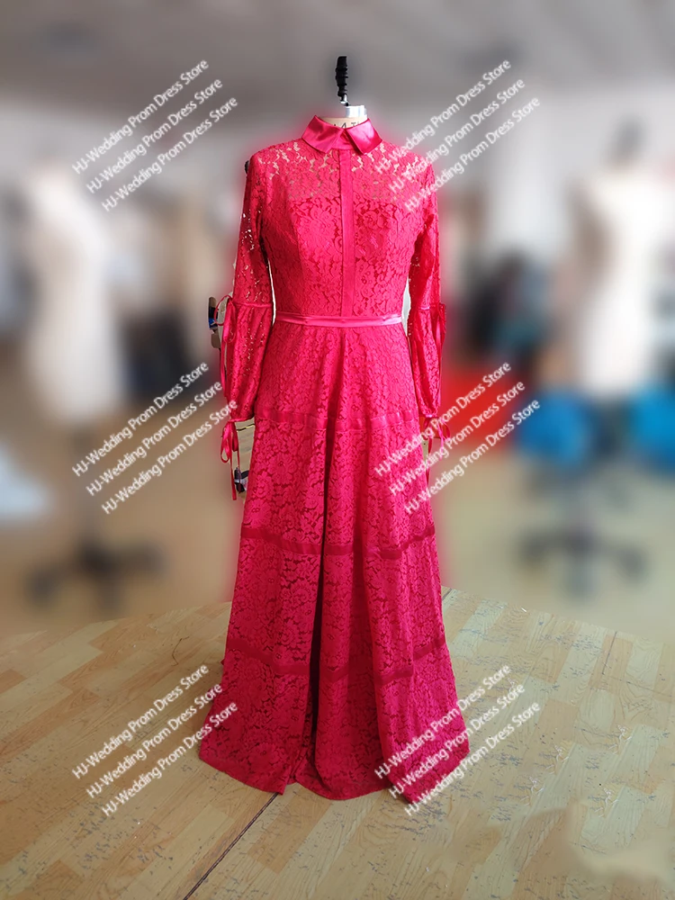 Elegant Red Hight-Neck Andar de comprimento A-Line Long-Sleeved Mulher Ruched Lace Mãe da noiva Vestidos do noivo Vestidos formais